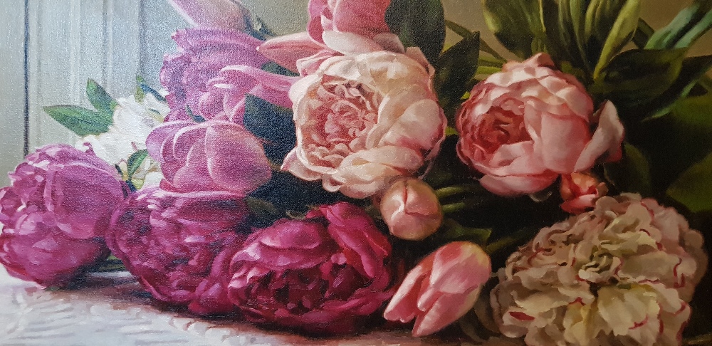 MARK O'NEILL, (IRISH B. 1963), "PEONY ROSES", oil on board, signed and dated 2012 lower left, 31" - Image 2 of 3