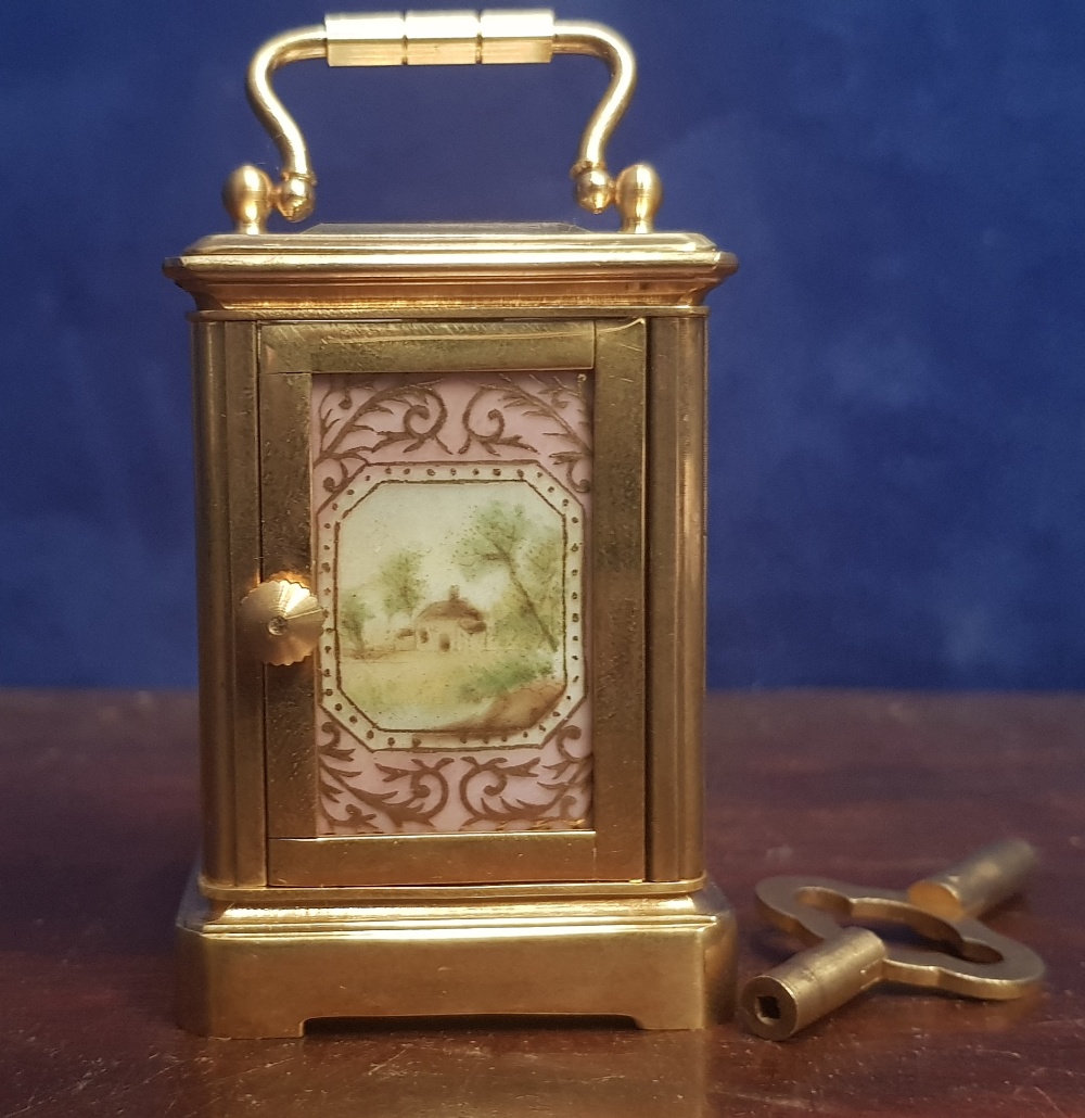 A MINIATURE BRACKET CLOCK, with picture panels and bevelled glass, key with the clock - Image 3 of 4