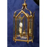 A BRASS & GLASS HANGING HALL LANTERN, with canted corners, 22" x 14" approx