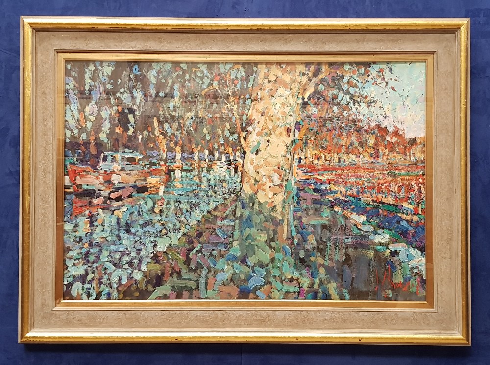 ARTHUR K. MADERSON, “POINT OF SUNSET, CANAL DU MIDI”, oil on board, signed lower right, inscribed