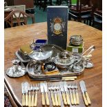 A MIXED LOT OF ITEMS, mostly silver plated objects, couple of pieces of silver included, with a