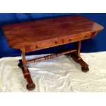 A GOOD QUALITY WILLIAM IV ROSEWOOD LIBRARY TABLE, with 2 frieze drawers, raised on a pair of side