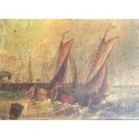 A 19TH CENTURY SEASCAPE, oil on card, unframed, unsigned, in need of restoration, 8" x 10" approx