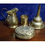 A MIXED SILVER LOT, includes; (i) A jug (ii) silver plated wine funnel (iii) a small hinged silver