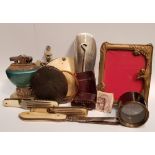 A MIXED LOT OF ITEMS, includes; an art noveau frame, a cigarette lighter, magnifying glasses etc