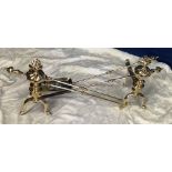 A SET OF GOOD VICTORIAN BRASS FIRE IRONS & DOGS