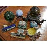 A MIXED LOT OF ITEMS, includes glass net weights, a wooden hand painted box, some geological