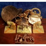 A MIXED EQUESTRIAN THEMED LOT, includes a riding hat, a tea cup and saucer, ornaments, book ends