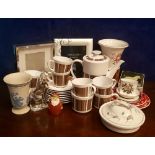 A MIXED LOT OF ITEMS, includes; A Wedgwood vase, picture frames, a coffee set, plates, a jardinière,