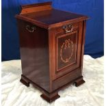 AN INLAID DROP FRONT COAL BOX, with raised back gallery to the top, decorative inlaid motif to the