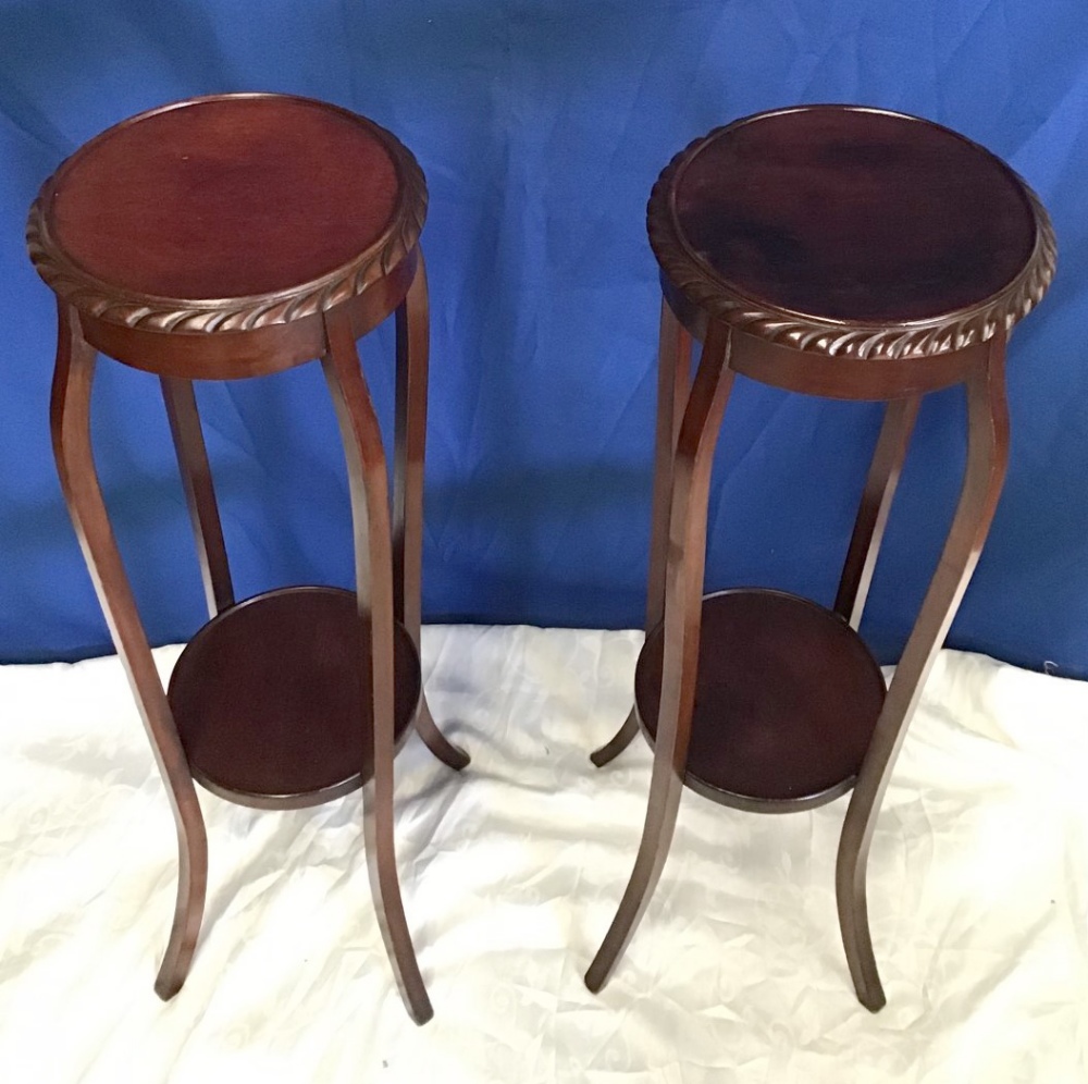 A PAIR OF MAHOGANY 'POT STANDS' circular top with gadrooned rim, raised on four shaped legs, - Image 2 of 3