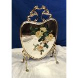 A FINE VICTORIAN BRASS HEART SHAPED MIRRORED FIRE SCREEN, with hand painted floral motif to the