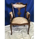 A MAHOGANY INLAID ARM CHAIR, with decorative detail to the frame & back, upholstery in need of a