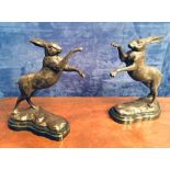 A PAIR OF BRONZE 'BOXING HARE' SCULPTURES, 12" tall approx