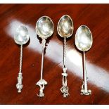 FOUR VARIOUS SILVER TEASPOONS, including 1 Apostle spoon & two with Sporting motifs & 1 with