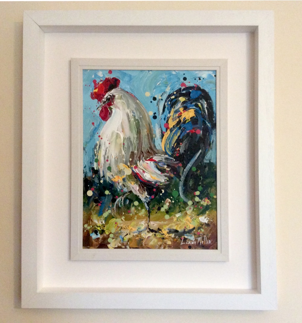 LORNA MILLAR, “COCKEREL”, acrylic on board, signed lower right, 39cms x 29cms board, 66cms x 54cms