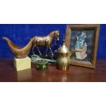 A MIXED LOT OF ITEMS, includes; a brass horse, a brass tea pot, a handpainted Kashmiri vessel, a