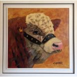 RONALD KEEFER, “PRIZE BULL”, oil on board, signed lower right, 60cms x 60cms approx. board, 75cms