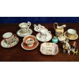 A MISCELLANEOUS COLLECTION OF VARIOUS CUPS & SAUCERS, with a candle stick, and small ornaments, (