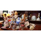 A MIXED LOT OF ITEMS, includes; various hand carved figures, some dolls, two ceramic jars etc