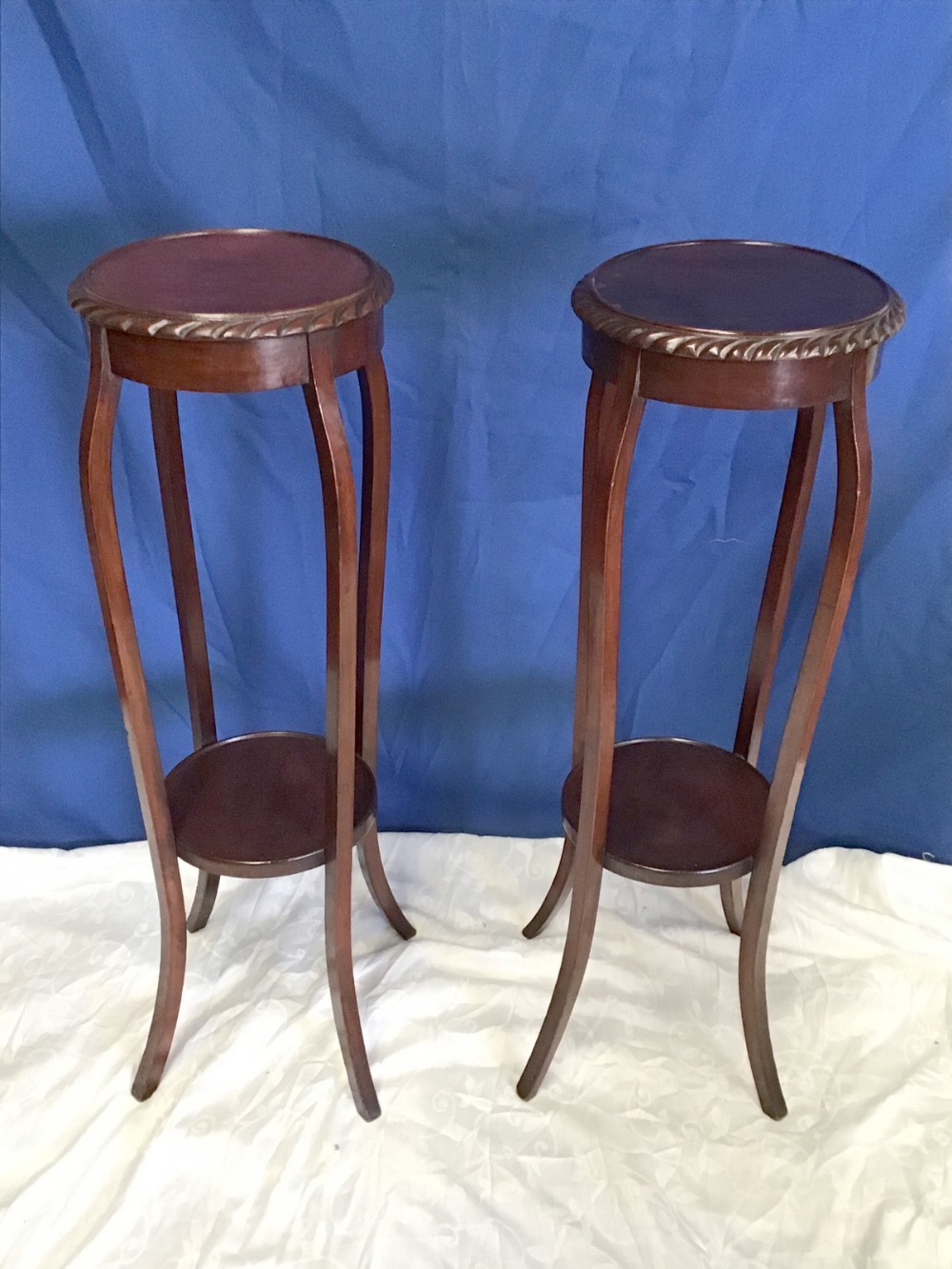 A PAIR OF MAHOGANY 'POT STANDS' circular top with gadrooned rim, raised on four shaped legs, - Image 3 of 3