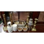 A MIXED LOT OF ITEMS, includes; brass candle sticks, miniature wine coolers, (14) items