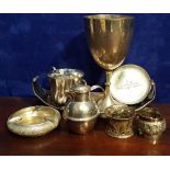 A MIXED SILVER / PLATE LOT; includes (i) a chalice (ii) a cup (iii) napkin rings (iv) a miniature