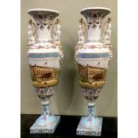 A PAIR OF 'SERVES' STYLE PORCELAIN VASES, VERY GOOD QUALITY, each with painted picture panels to the
