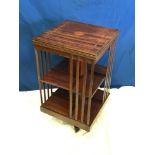 A GOOD QUALITY MAHOGANY & SATINWOOD INLAID REVOLVING BOOKCASE, two tier shelving, with latted sides,