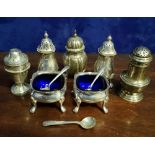 A MIXED SILVER LOT; various condiment pieces; salt & pepper shakers, mustard pots with purple