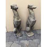 A PAIR OF GARDEN ORNAMENTS IN THE FORM OF TWO GREY HOUNDS / WHIPPETS, 76cm high approx