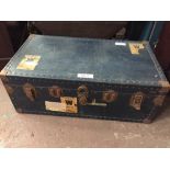 A LEATHER METAL BOUND TRAVELLING TRUNK, 3ft (w) x 1ft (h) x 19" (d) would make a nice coffee table