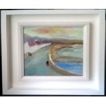 TERRY DELANEY, “SEA WALL”, oil on canvas board, signed lower left, 14” x 14” frame, 9” x 9” canvas