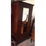 AN EDWARDIAN MAHOGANY & SATINWOOD INLAID SINGLE WARDROBE, with mirrored door, a single drawer,