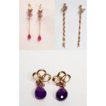 A MIXED LOT OF CONTEMPORARY EARRINGS, includes; (i) A PAIR OF 9CT / 14CT GOLD & AMETHYST DROP