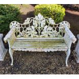 A PAIR OF VERY HEAVY CAST IRON VICTORIAN STYLE GARDEN SEATS, each with intertwined oak leaf