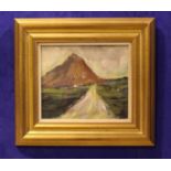 20TH CENTURY, IRISH SCHOOL, "MOUNTAIN ROAD", oil on card, signed lower left indistinctly, 14" x