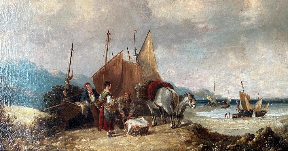 WILLIAM JOSEPH SHAYER JNR, (BRITISH 1811 – 1892) “SELLING THE CATCH”, oil on canvas, 20” x 36” - Image 2 of 3