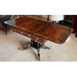 A VERY FINE 19TH CENTURY REGENCY CROSS-BANDED ROSEWOOD SOFA TABLE, drop leaf, with frieze drawers,