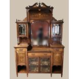 A VERY FINE EDWARDIAN MAHOGANY & SATINWOOD INLAID CABINET, with inlaid swan neck pediment, over