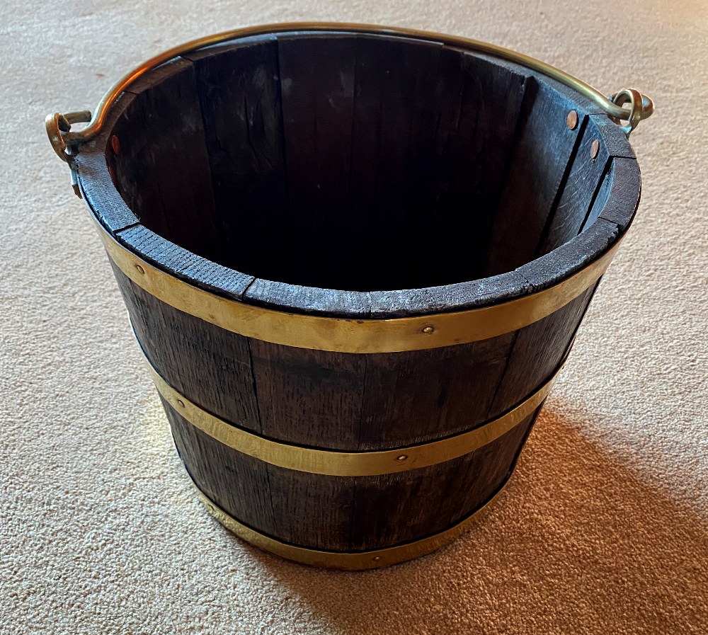 AN ANTIQUE BRASS BOUND IRISH BUCKET, 10.5” tall, 13.5” wide approx - Image 2 of 2