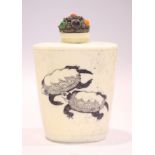 A SCRIMSHAW SNUFF BOTTLE, with images of turtles on both sides, and a stopper with spoon, 3" x 2"