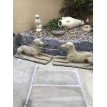 A PAIR OF STONE SITTING DOWN DOGS, each 72cm x 31cm x 40cm approx