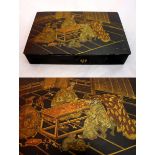 A JAPANESE LACQUER BOX, with image of people gathered around a table, with cats and birds