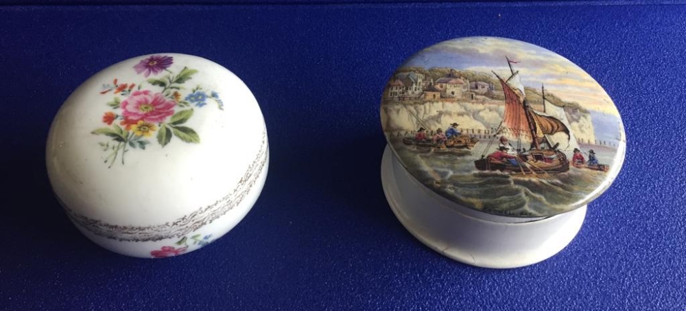 TWO PORCELAIN DRESSING TABLE BOXES, decorated with scenes, 19th century, some minor chips