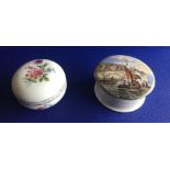 TWO PORCELAIN DRESSING TABLE BOXES, decorated with scenes, 19th century, some minor chips