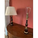 A PAIR OF ‘TOLE WARE’ LAMPS, circa 1830, with brass details, converted to electricity, 34” tall