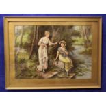 A FRAMED PRINT, "TWO LADIES BY A RIVER", 19" x 13" approx print, 24" x 17" approx frame