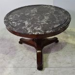 A GOOD QUALITY 19TH CENTURY MARBLE TOPPED CENTRE TABLE, in good condition, raised on a baluster