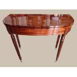 A VERY FINE REGENCY TEA TABLE, circa 1830, ‘D- Shaped’, with beautiful figured mahogany and ebony